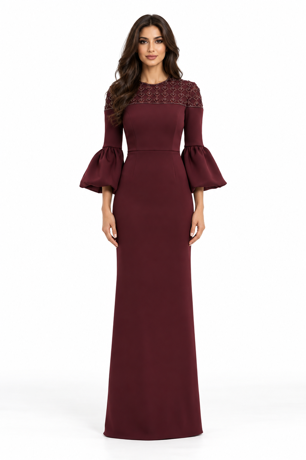 Burgundy Embellished Puff Sleeve Maxi Dress - Bella