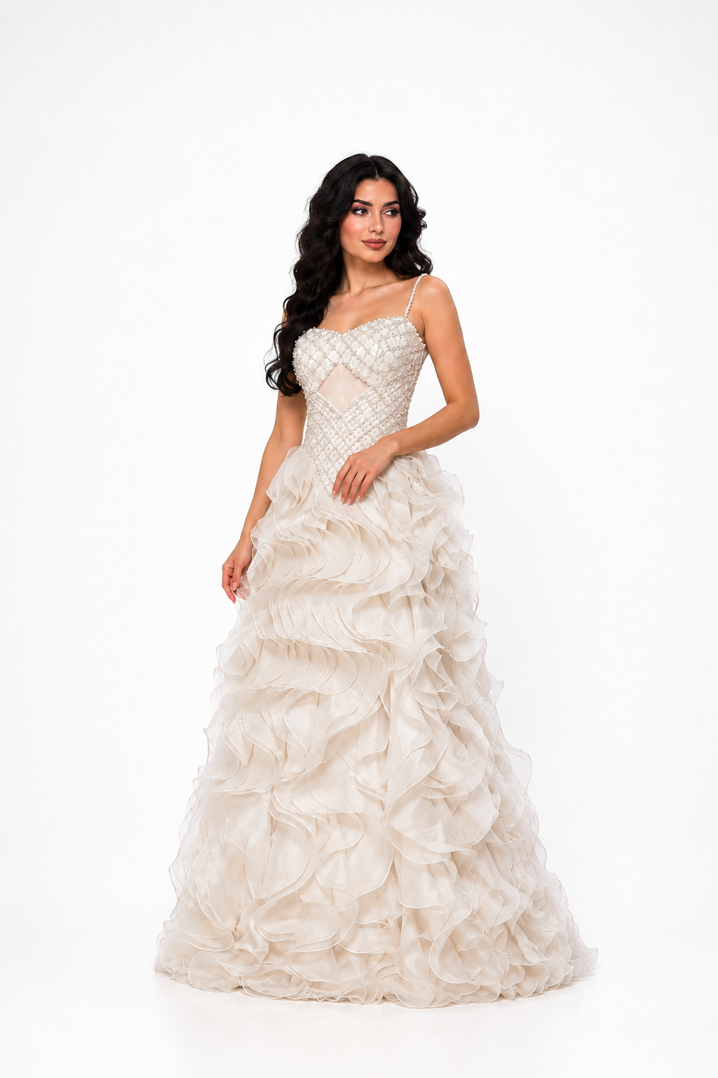 Crystal Ruffle Evening Gown – IVORYA