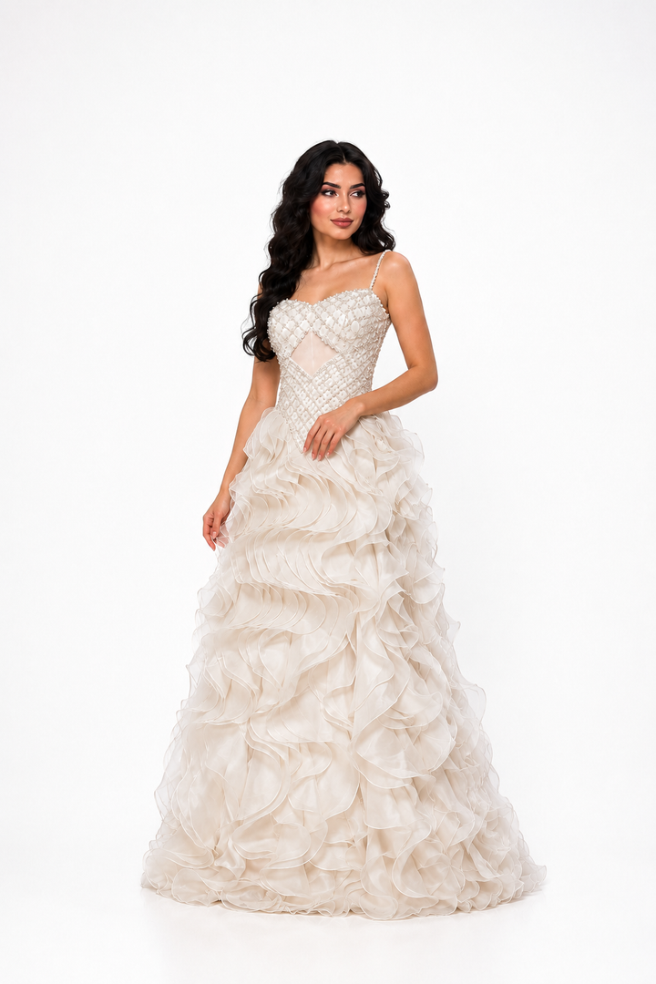 Crystal Ruffle Evening Gown – IVORYA