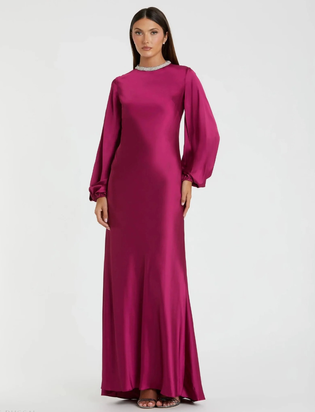 Crystal Neck Satin Gown - Magenta