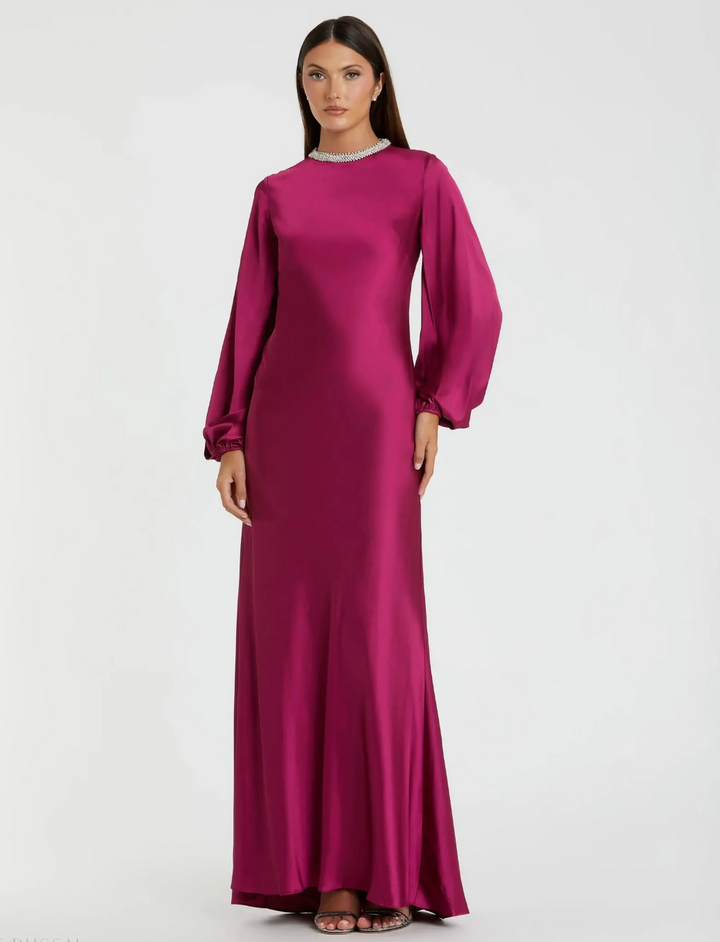 Crystal Neck Satin Gown - Magenta