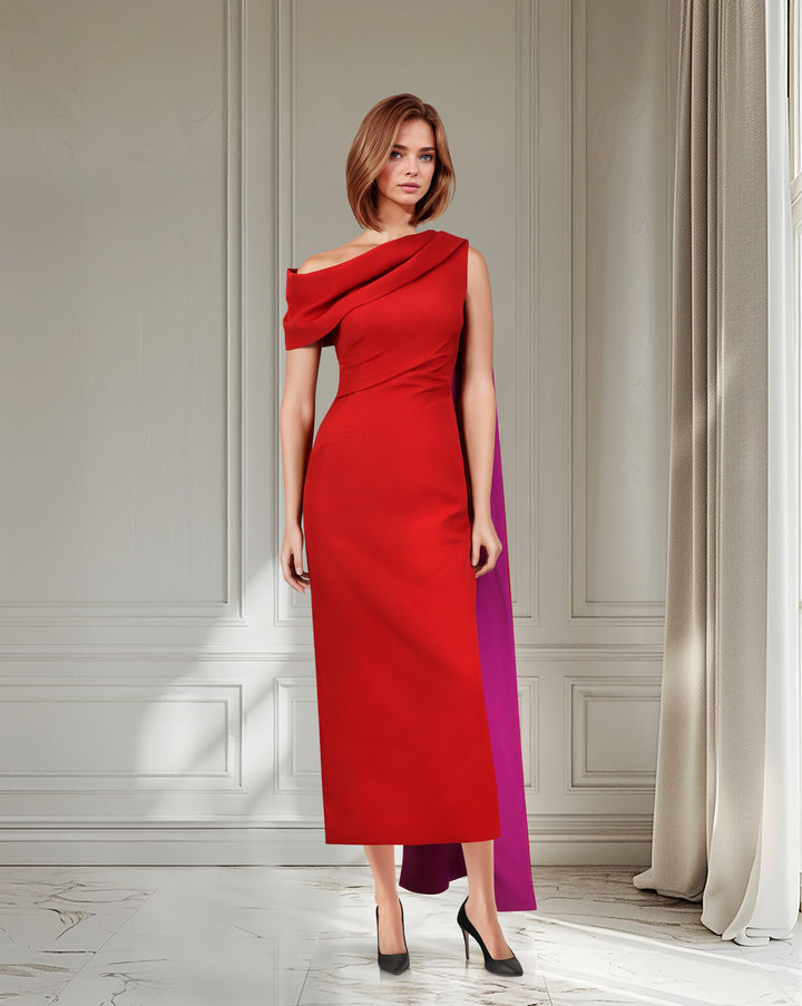 Red shoulder off dress with side cape - ROLOH