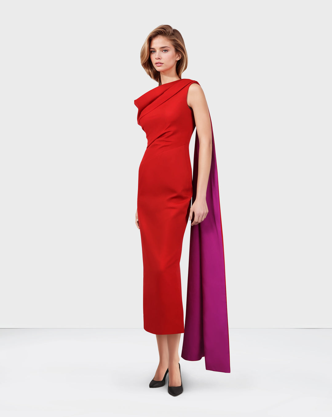 Red shoulder off dress with side cape - ROLOH