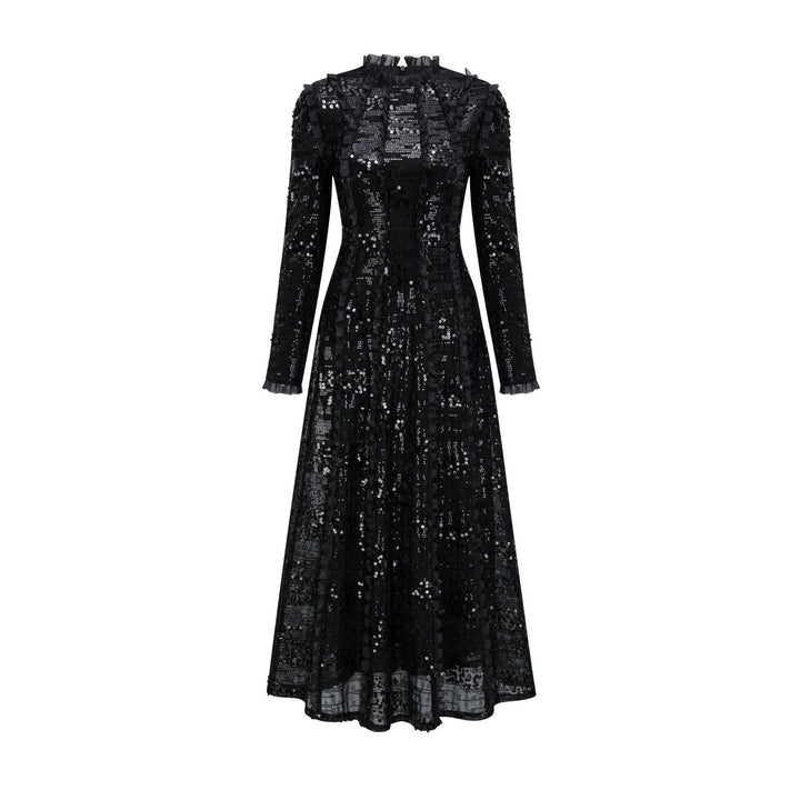 long sleeve embellished lace midi dress with high neck – CHAMPAGNE