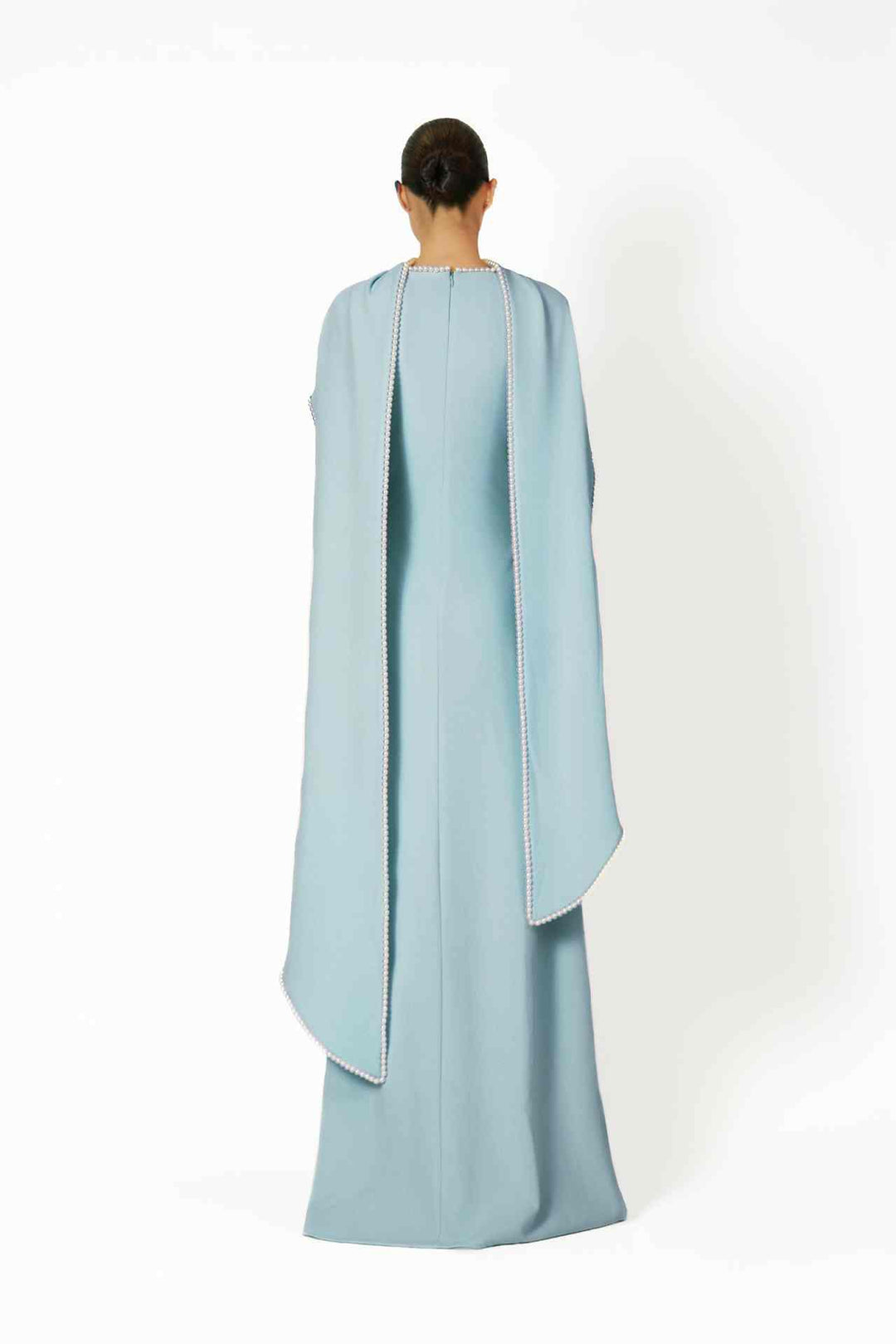 long-sleeve gown with draped pearl-trimmed cape – IVORY GRACE