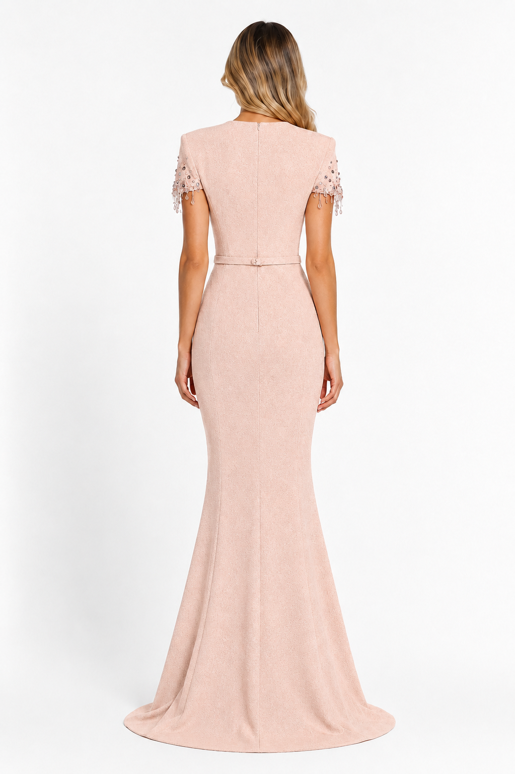 Blush Beaded Sleeve Mermaid Gown - Rosé