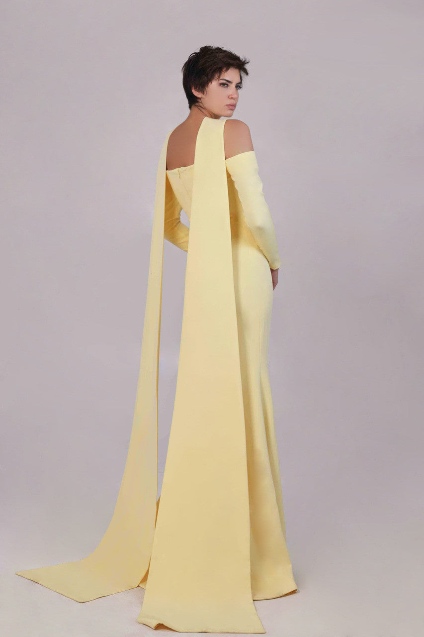 Cold-shoulder long sleeve column gown with crossover neckline – LUMINA