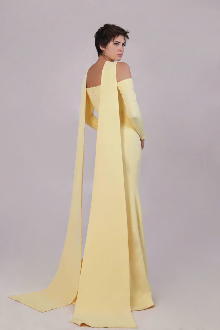 Cold-shoulder long sleeve column gown with crossover neckline – LUMINA