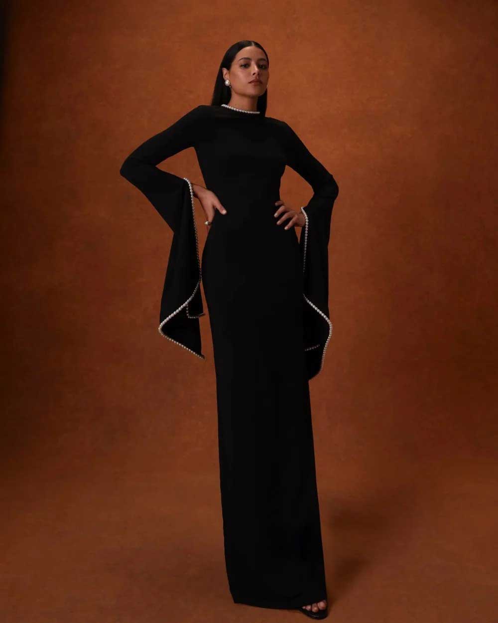 long-sleeve gown with pearl-trimmed flared cuffs – OPHELIA