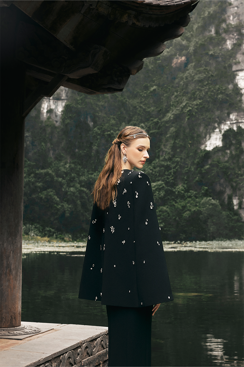 embellished cape jacket with matching column dress – NOIRE