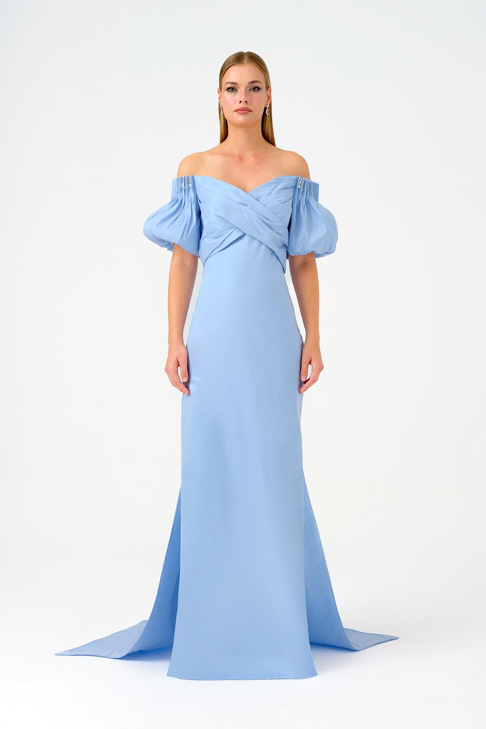 off-shoulder satin gown with puff sleeves – AURELIA