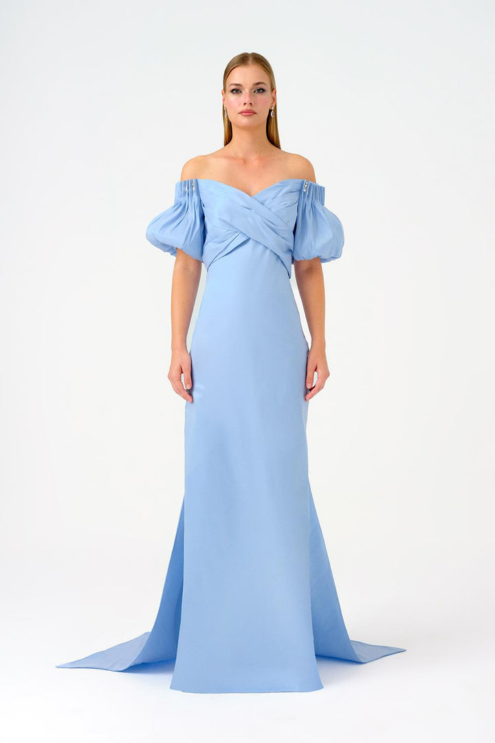 off-shoulder satin gown with puff sleeves – AURELIA