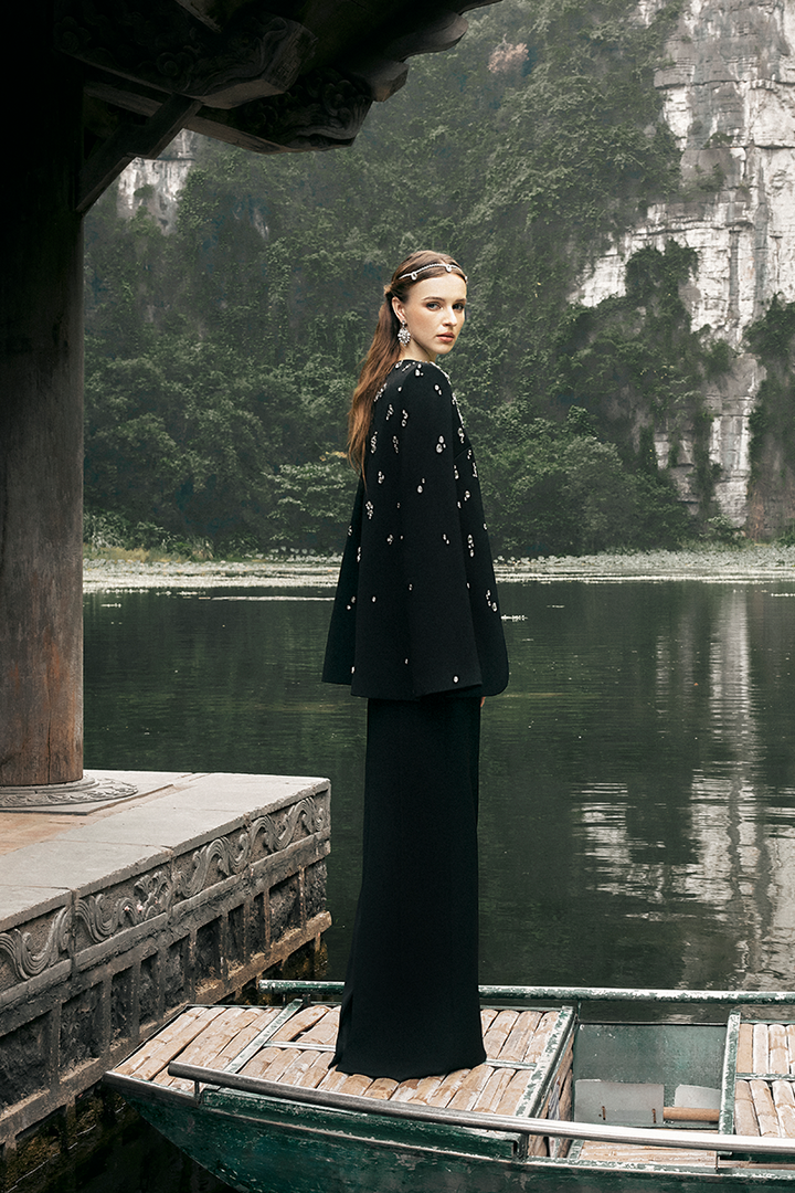 embellished cape jacket with matching column dress – NOIRE