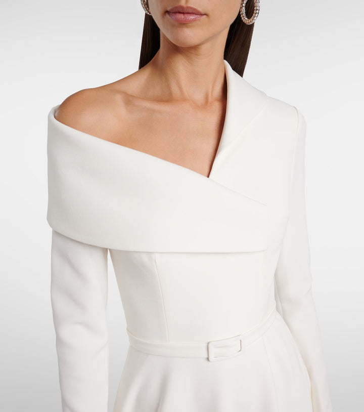 Asymmetric off-shoulder midi gown with belted waist – IVORÉ