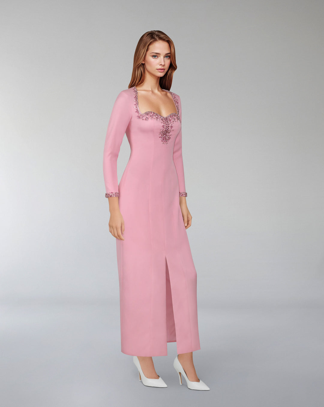 Beaded hearth neckline dress with front slit  - LORDIN