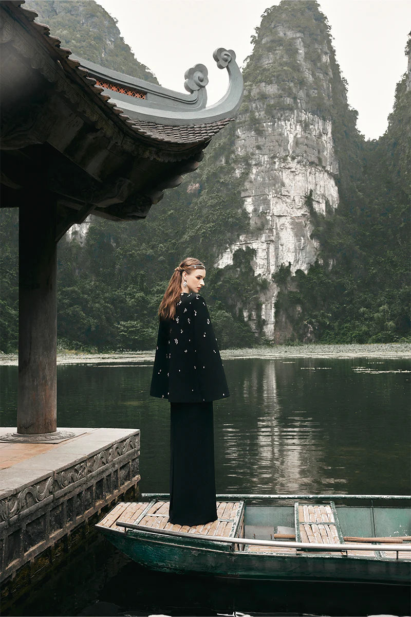 embellished cape jacket with matching column dress – NOIRE