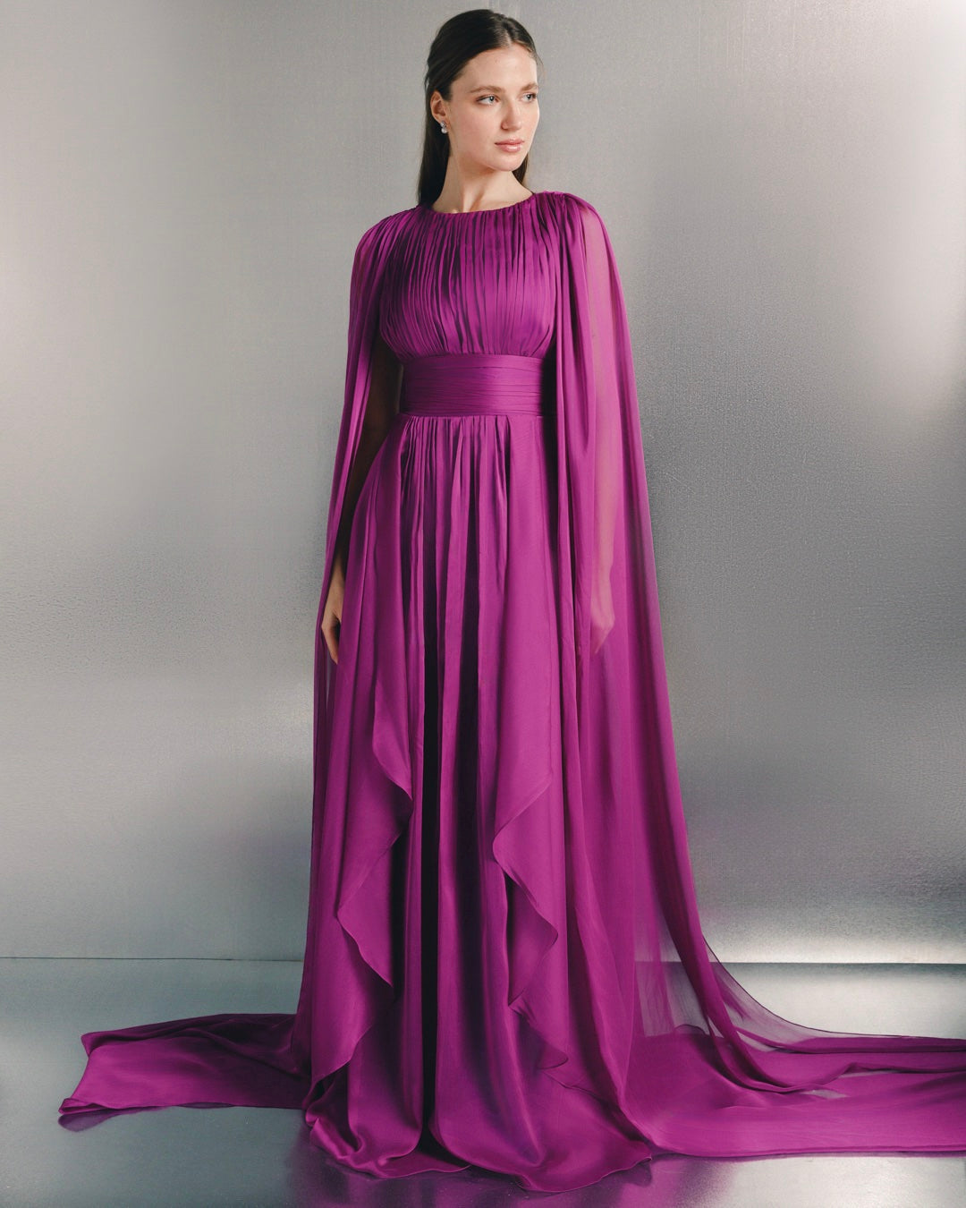 pleated chiffon cape evening gown with defined waist – VIOLETTA