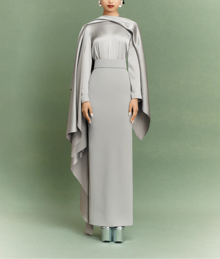 draped satin panel gown with long cape overlay – ROSALIA