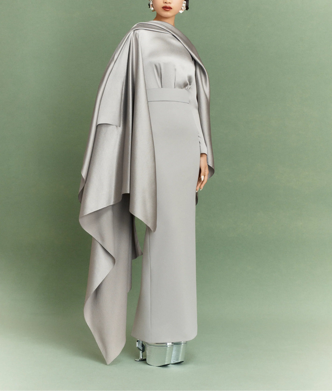 draped satin panel gown with long cape overlay – ROSALIA