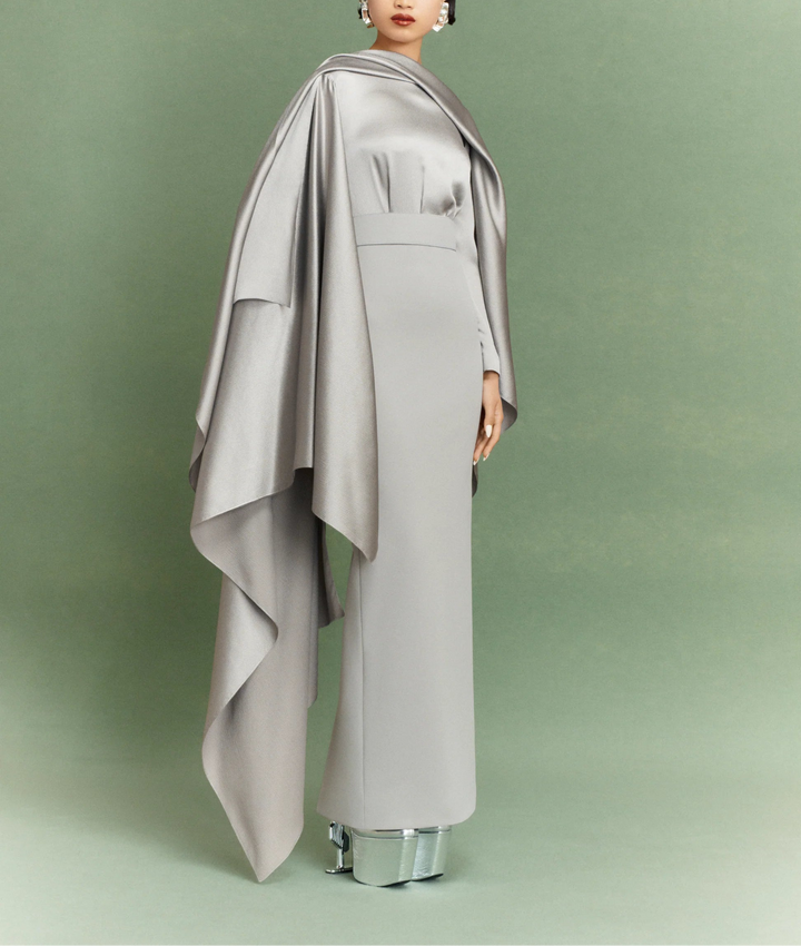 draped satin panel gown with long cape overlay – ROSALIA