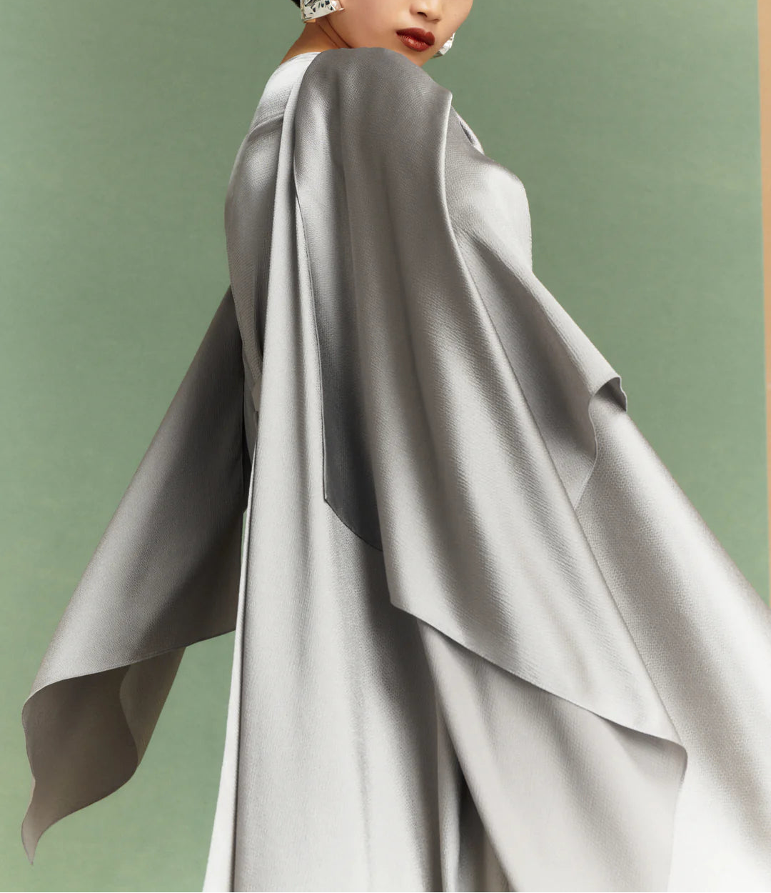 draped satin panel gown with long cape overlay – ROSALIA