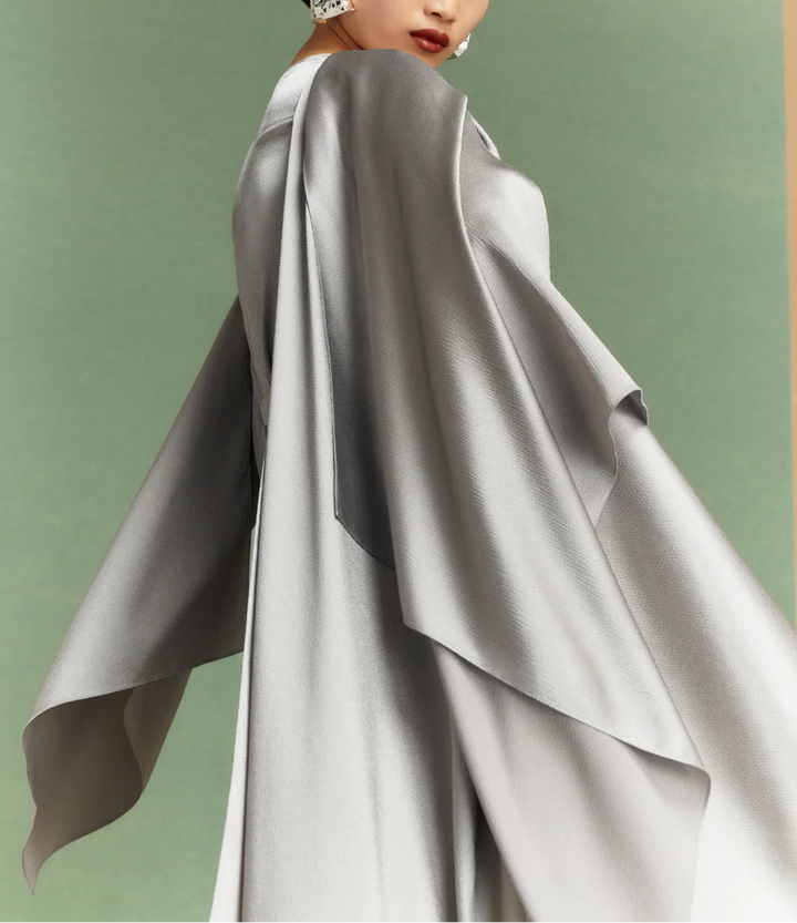 draped satin panel gown with long cape overlay – ROSALIA