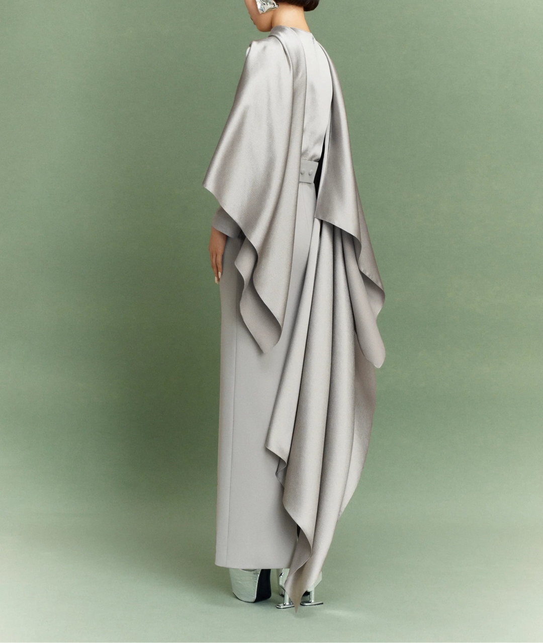 draped satin panel gown with long cape overlay – ROSALIA