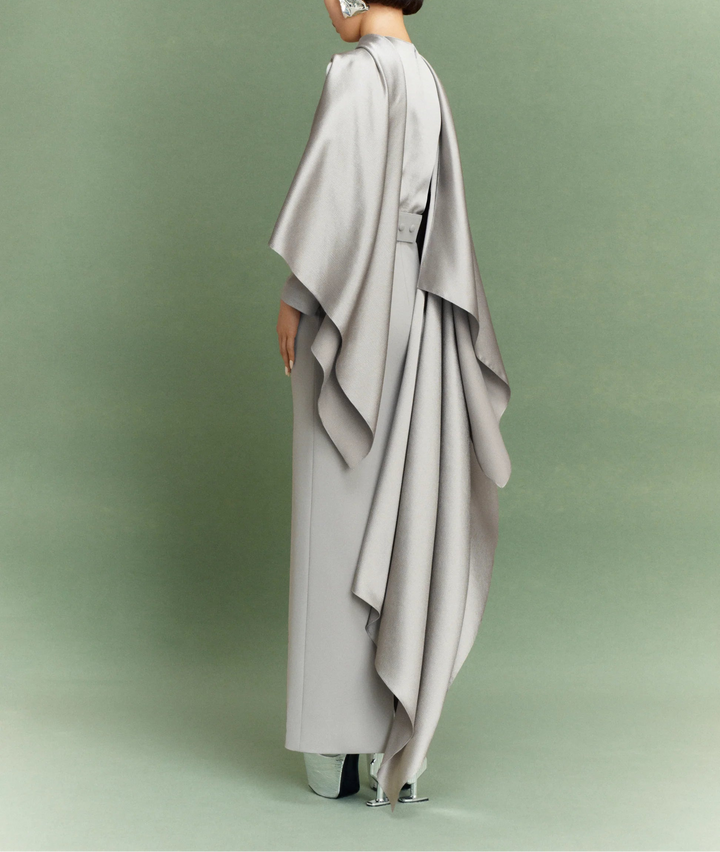 draped satin panel gown with long cape overlay – ROSALIA