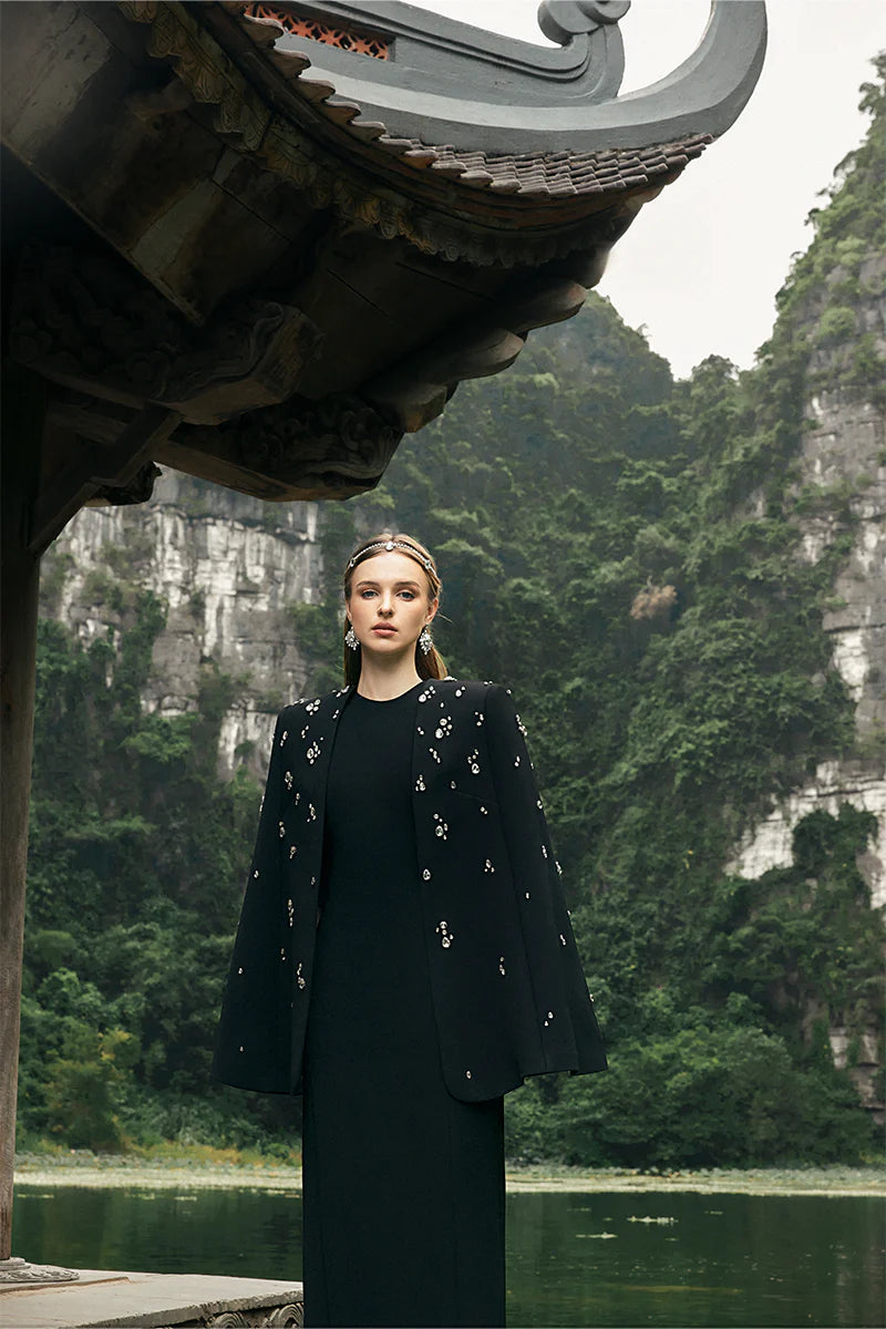 embellished cape jacket with matching column dress – NOIRE