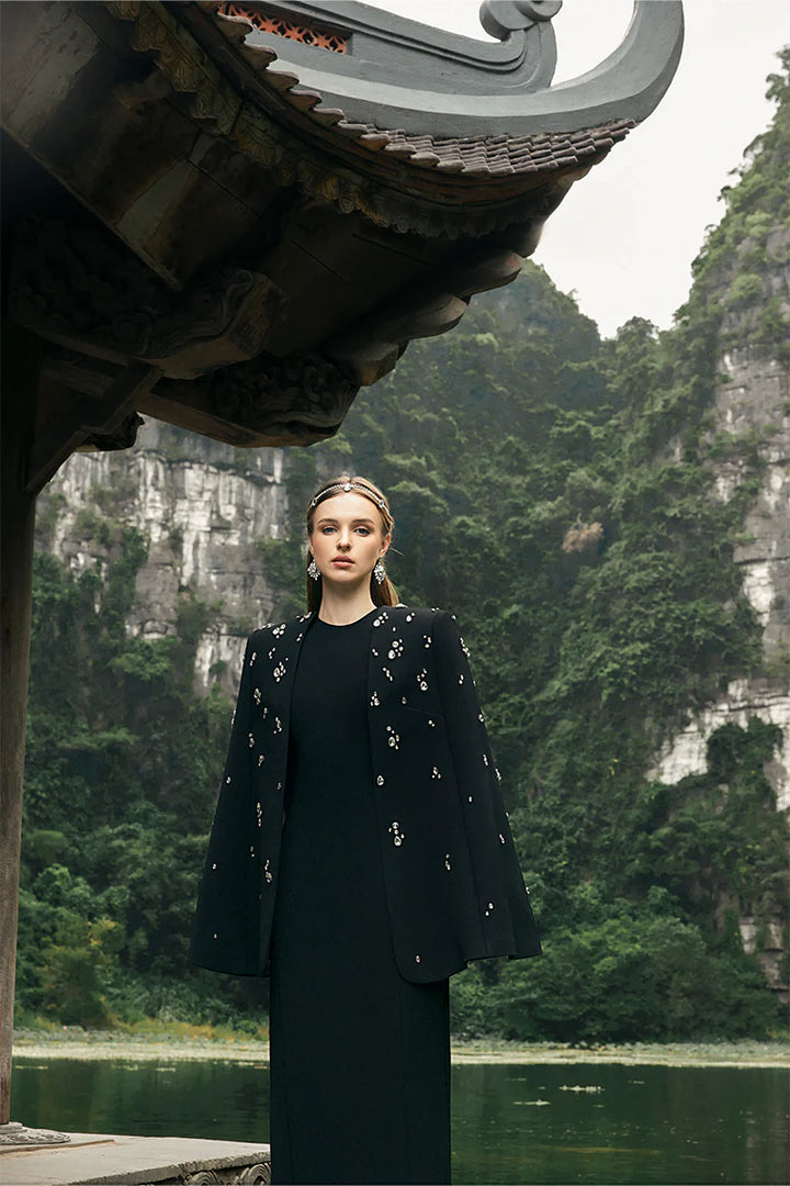 embellished cape jacket with matching column dress – NOIRE