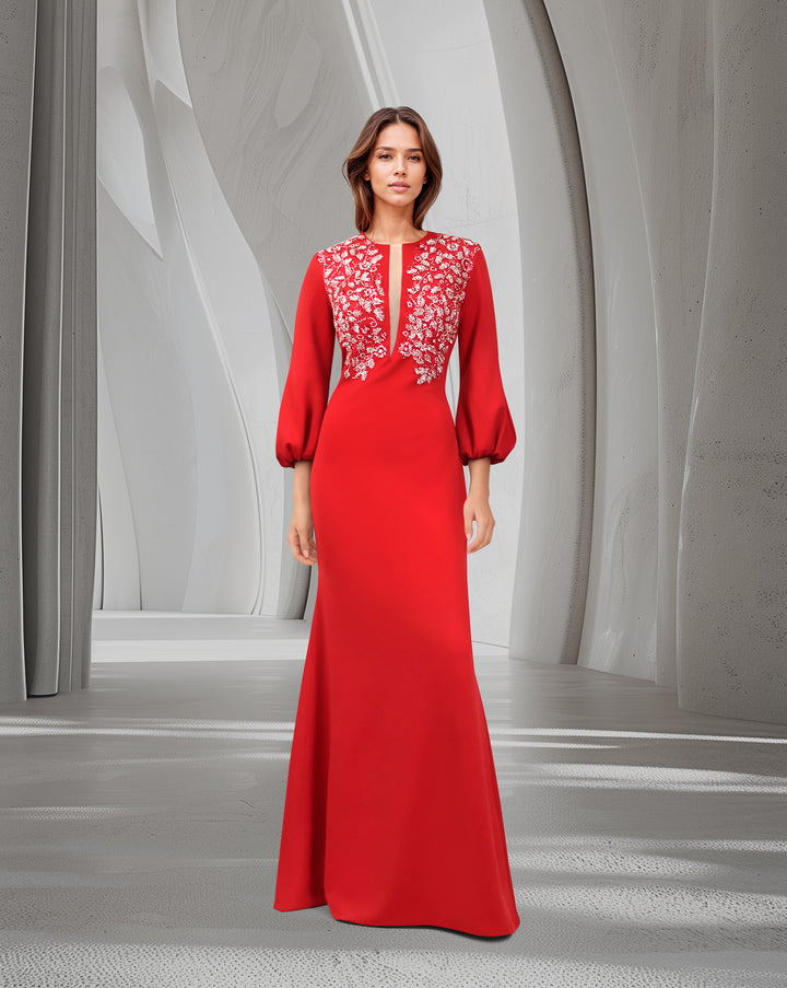 Red Floor-Length Beaded Dress with Puffed Sleeves