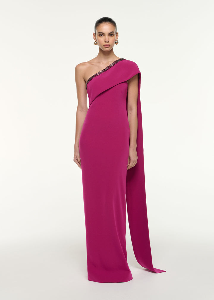 embellished one-shoulder gown with cascading drape – FUCHSIA ELYSIA