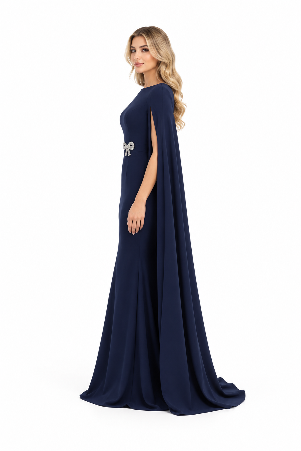 Crystal Bow Cape Mermaid Evening Gown - Navielle