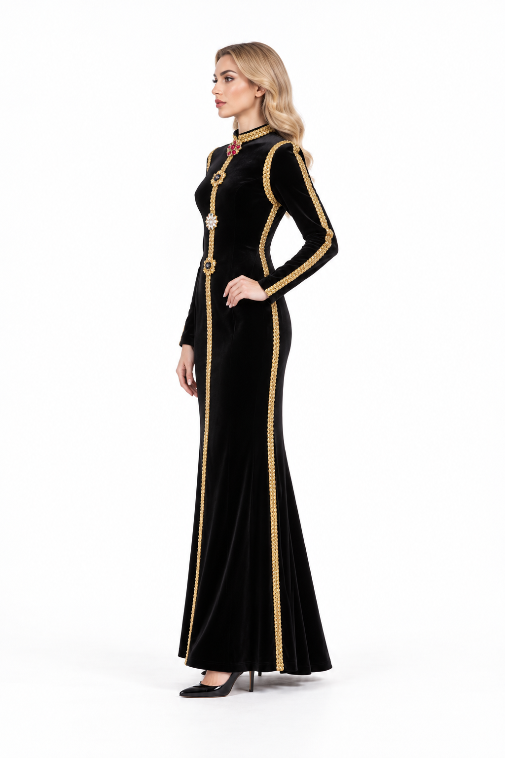 Gold Trim Velvet Long Sleeve Evening Gown - Regalia