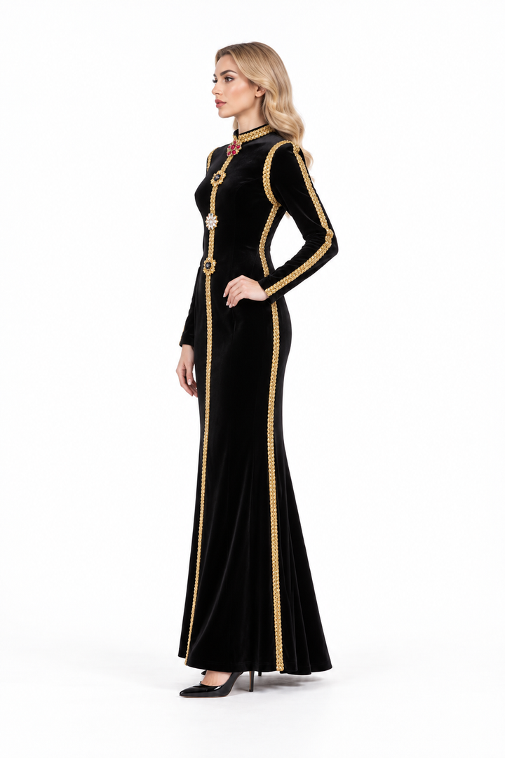 Gold Trim Velvet Long Sleeve Evening Gown - Regalia