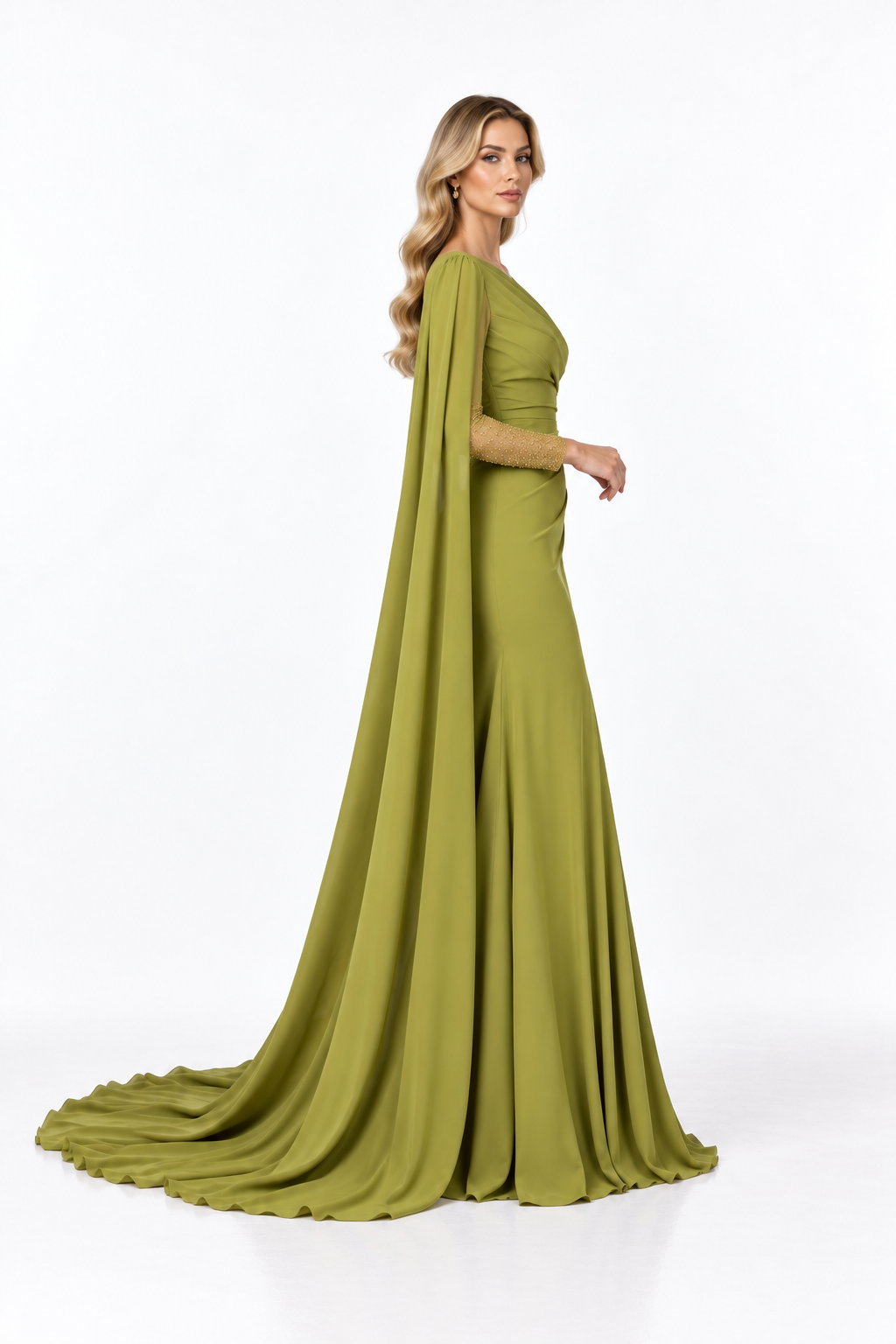 Draped Cape Sleeve Evening - Olive