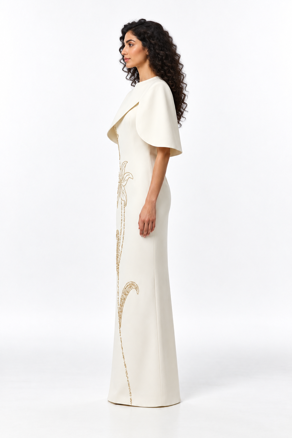 Embroidered Cape Column Evening Gown - Florenza