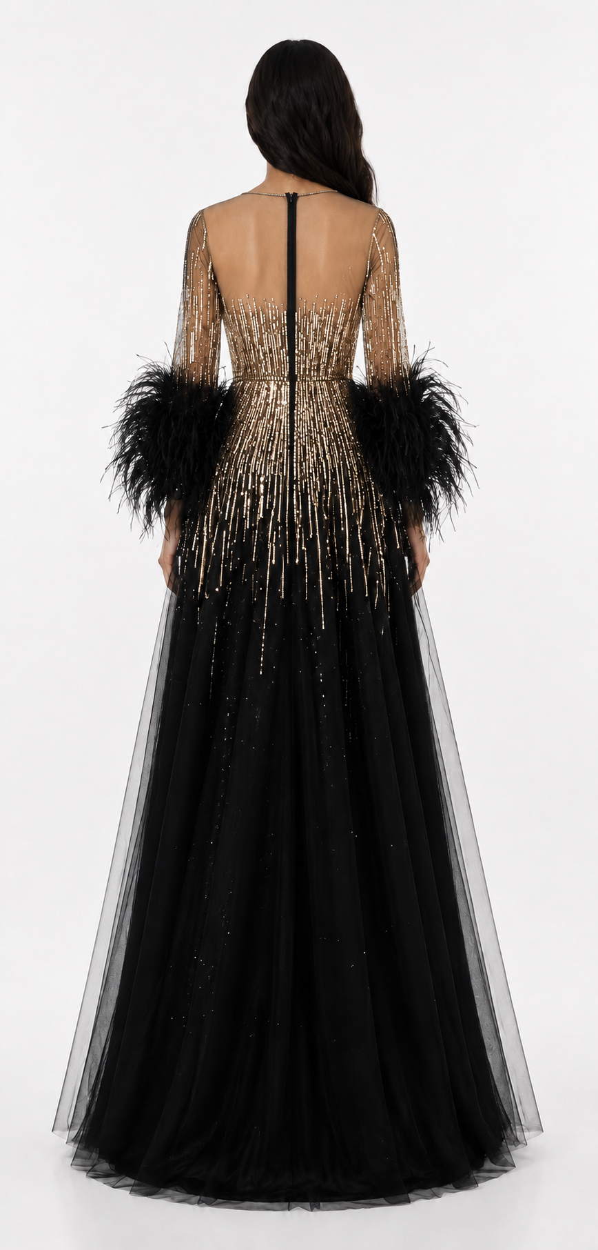 Feather Cuff Sequin Tulle Gown – FUCHSIA