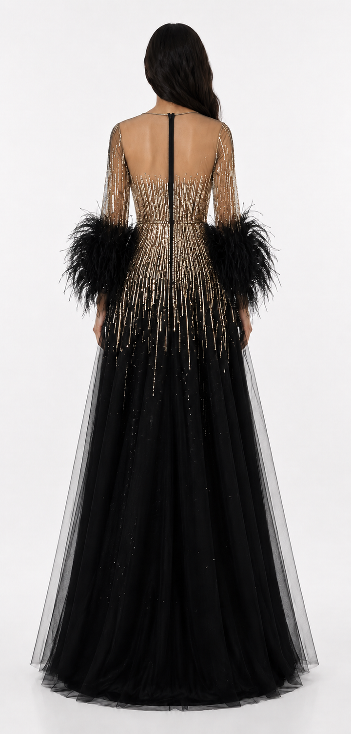 Feather Cuff Sequin Tulle Gown – FUCHSIA