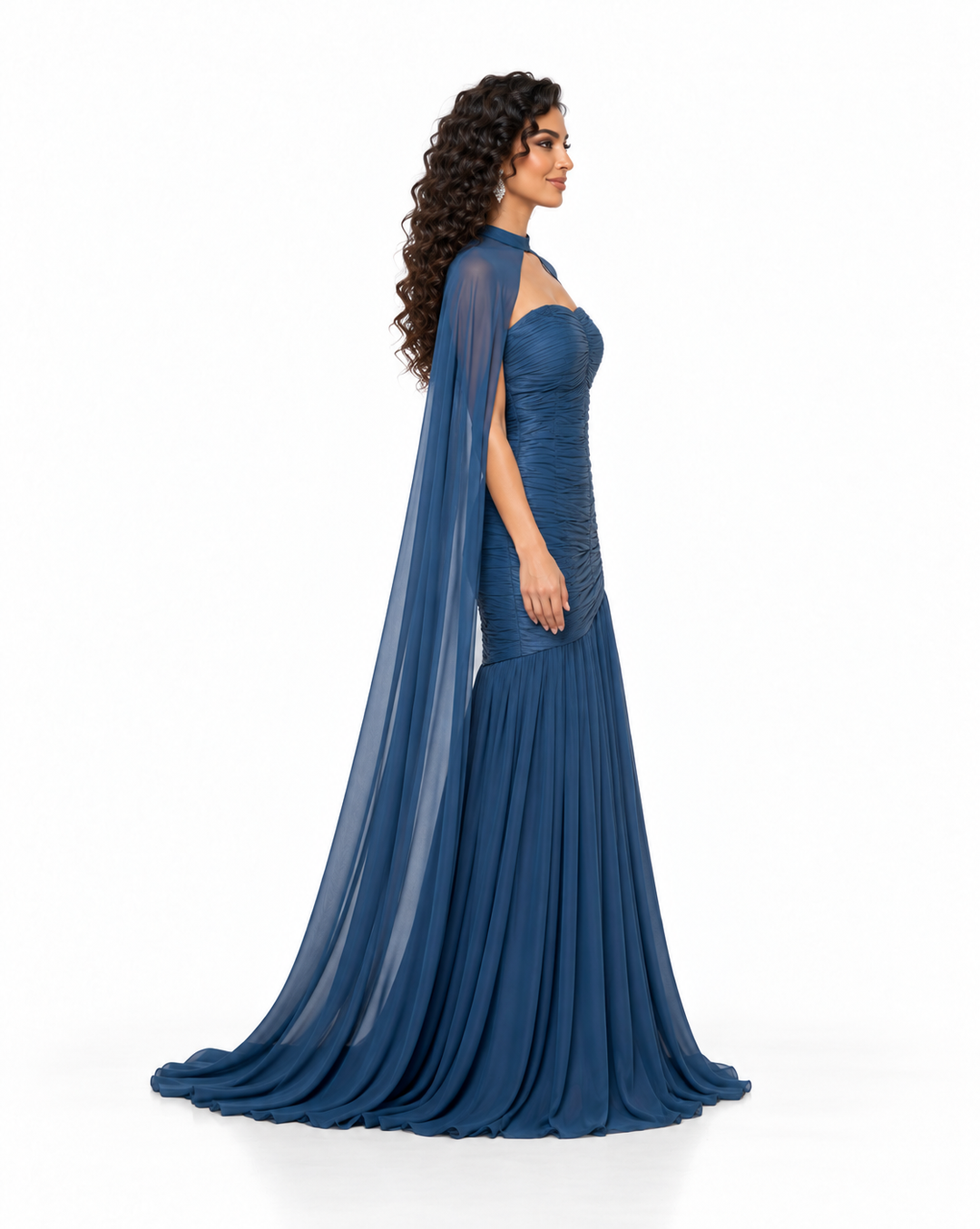 Ruched Cape Gown with Sculpted Bodice - Virelune