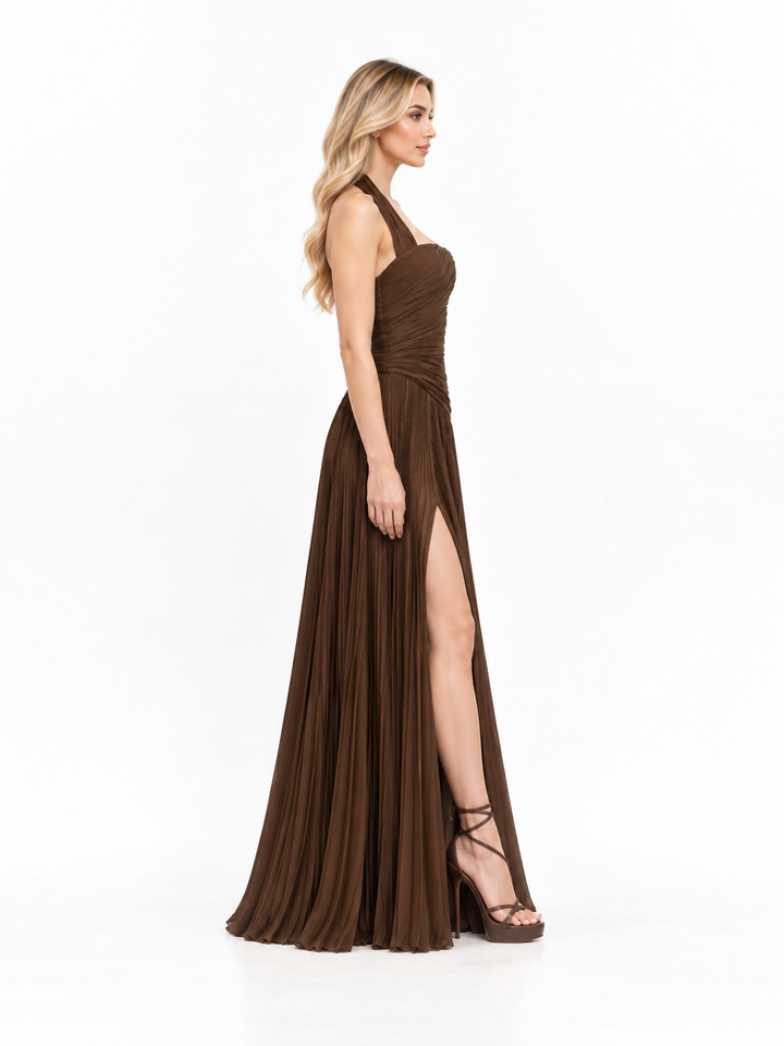 Halter Neck Ruched Slit Maxi Dress – Moressa