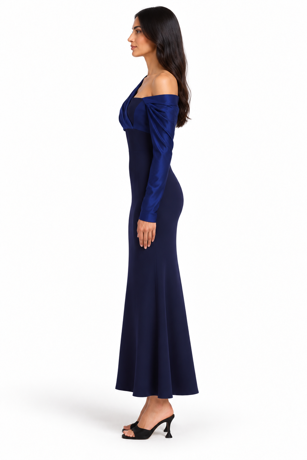 Navy Blue Asymmetric Off-Shoulder Midi Dress - Elena