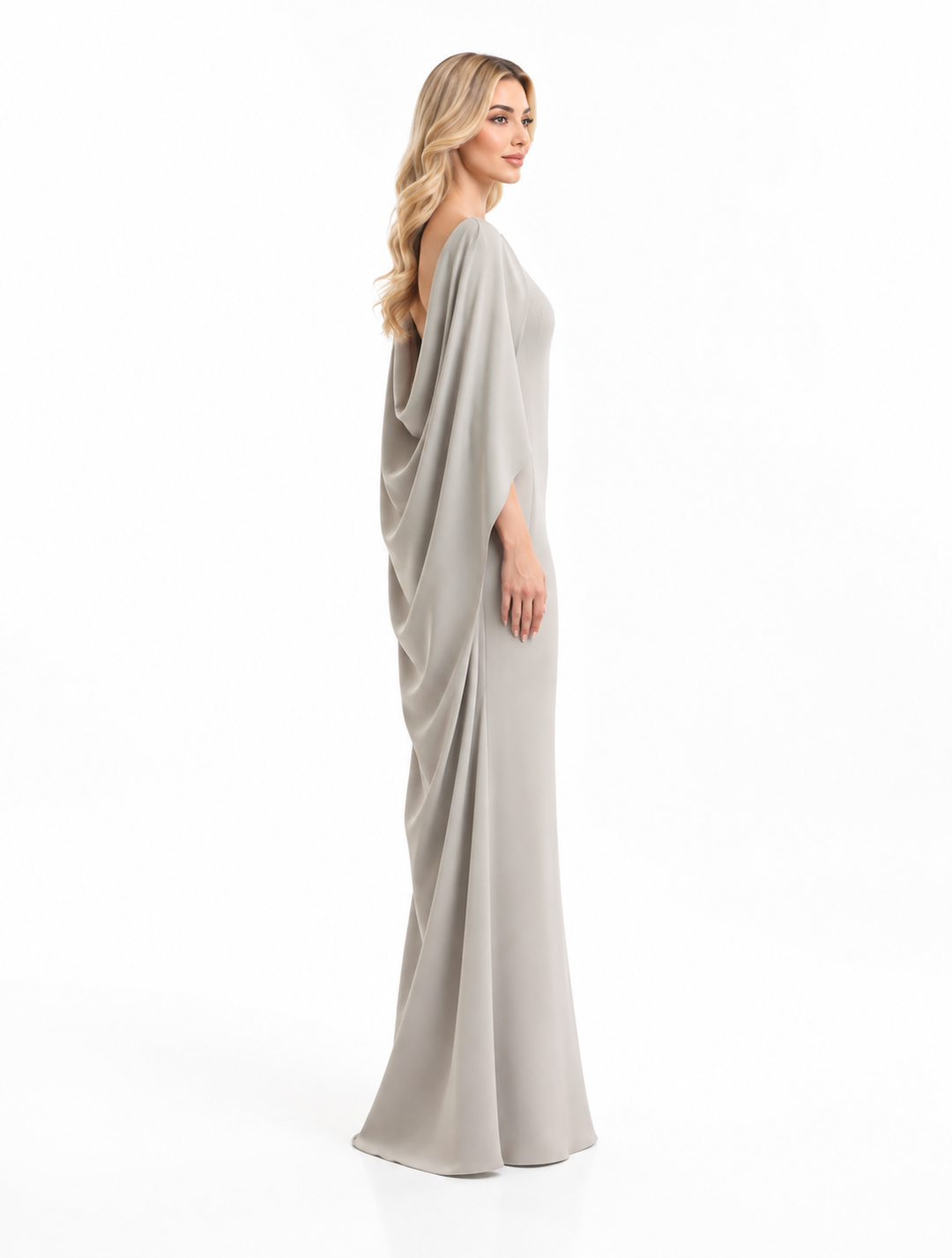 Soft Grey Sculpted Cape Maxi Dress - Elodie