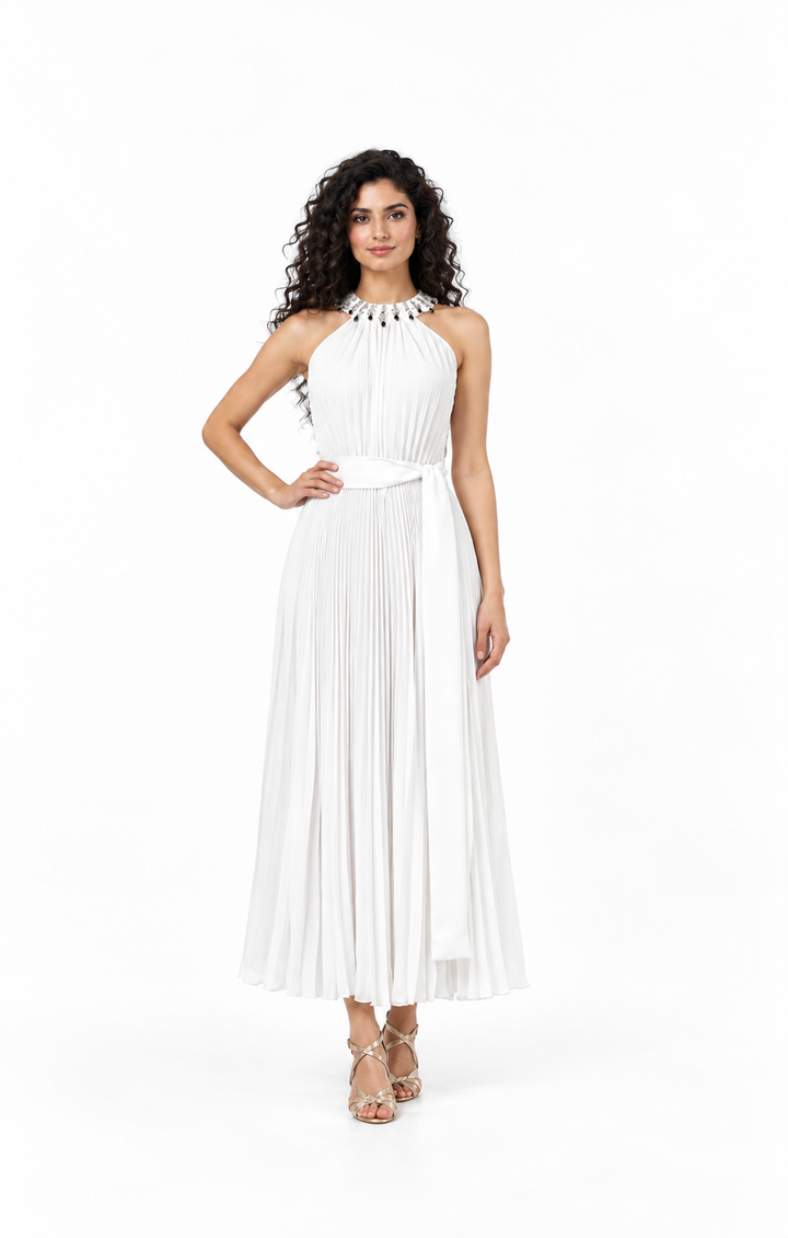 Embellished Halter Pleated Midi Dress - Solenne