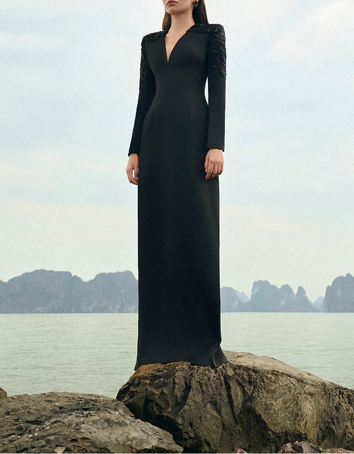 embellished shoulder gown with plunging neckline – NOCTURNE