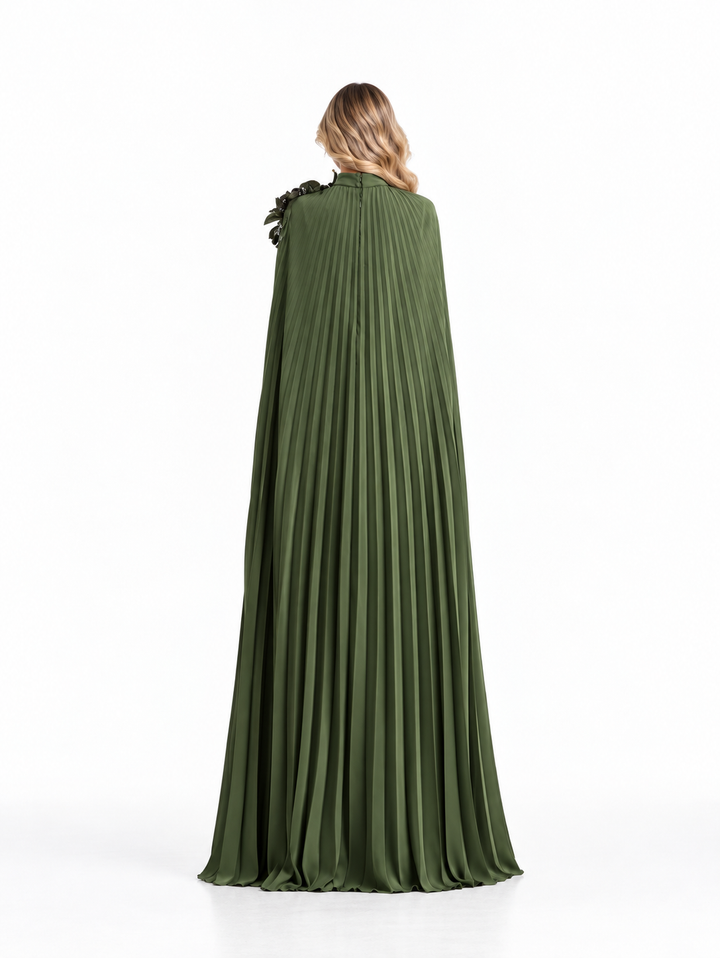 Olive Green Pleated Cape Maxi Dress - Aviana