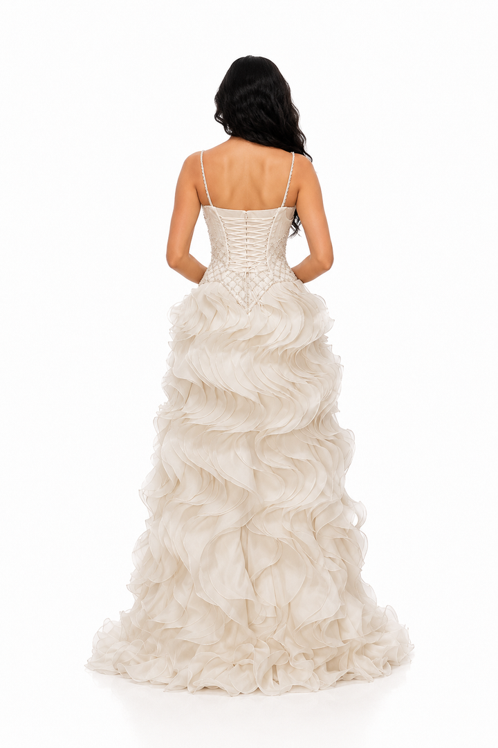 Crystal Ruffle Evening Gown – IVORYA