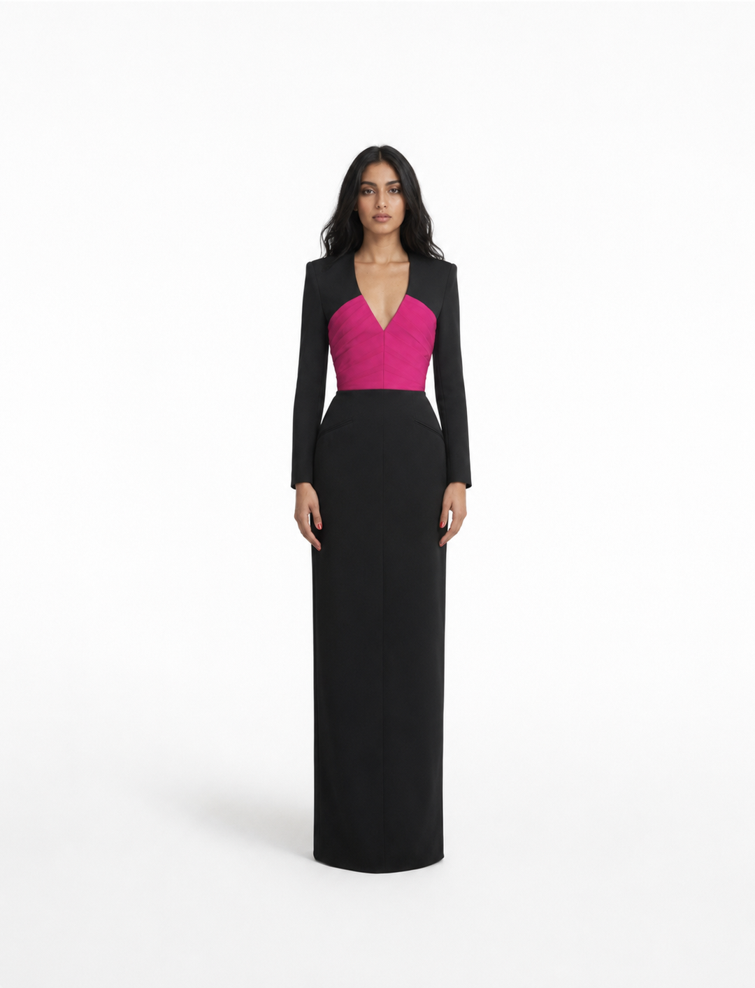 Black & Fuchsia Color-Block Long Sleeve Gown – VELORA