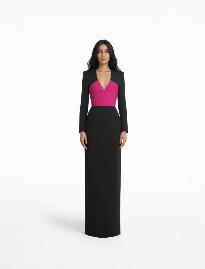 Black & Fuchsia Color-Block Long Sleeve Gown – VELORA