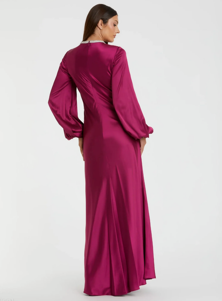 Crystal Neck Satin Gown - Magenta